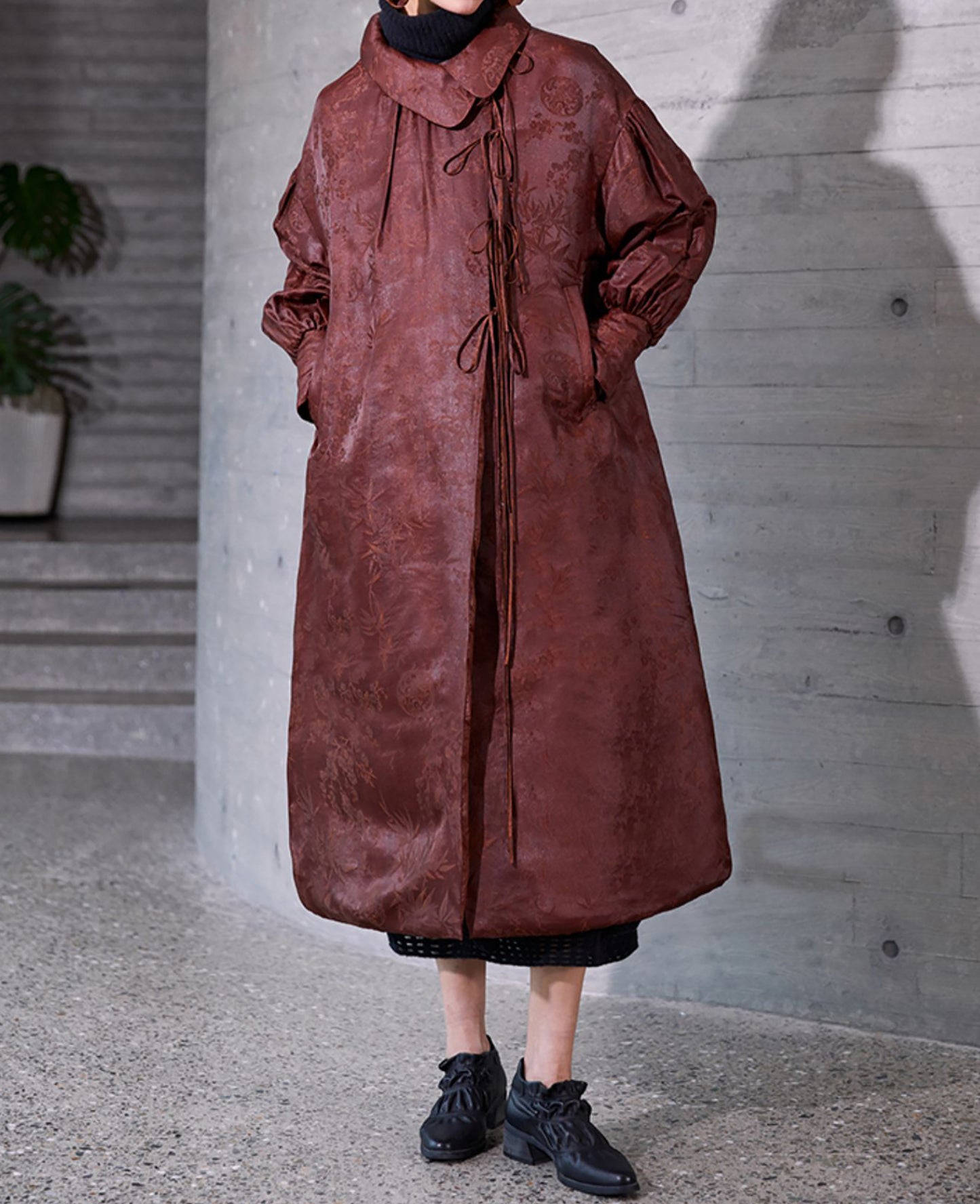 edoa Mud Silk Rayon Blend Jacquard Goose Down Long Coat 