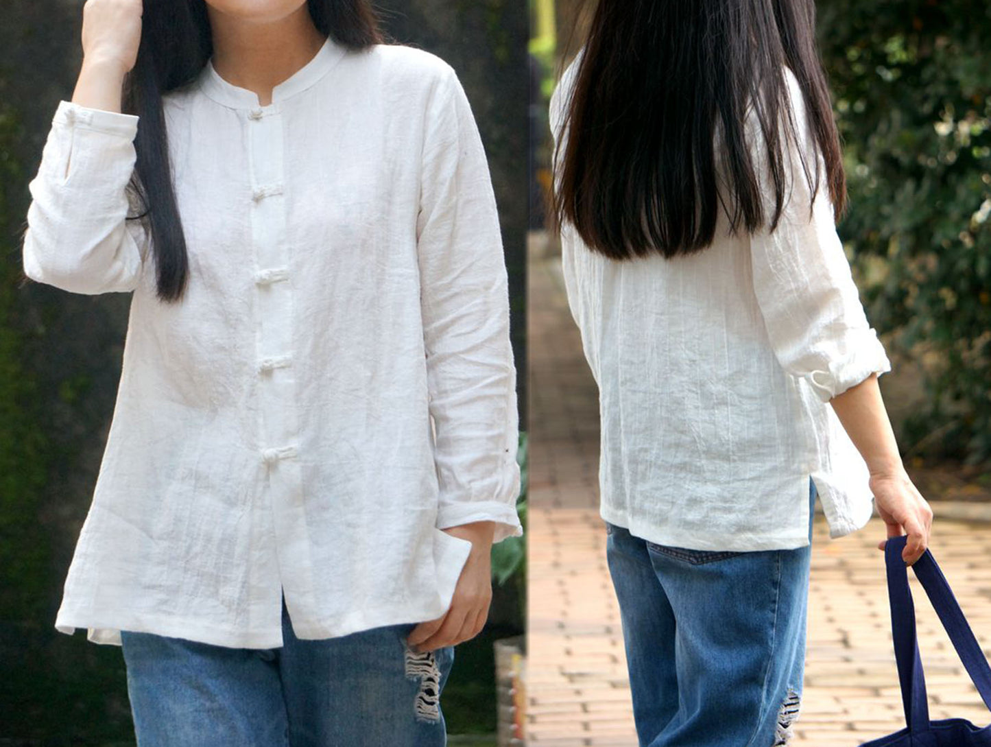 edoa Stand Collar White Wrinkled Linen Shirt 