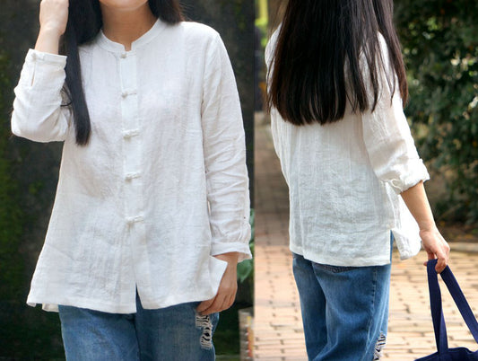 edoa Stand Collar White Wrinkled Linen Shirt 