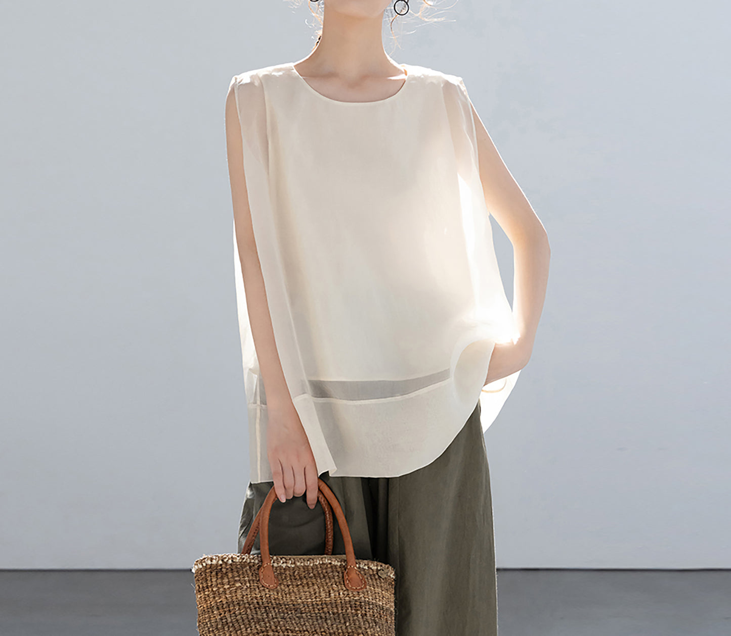 edoa Double Layer Mulberry Silk Organza Summer Tank Top