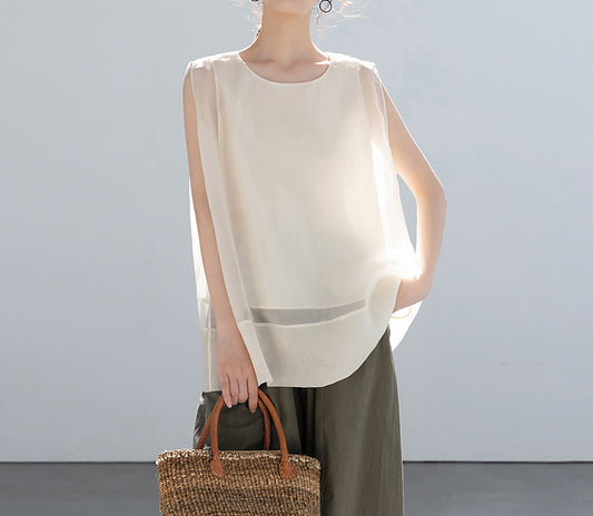 edoa Double Layer Mulberry Silk Organza Summer Tank Top