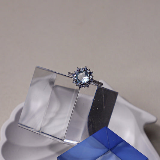 edoa Minimalist Sapphire Halo Aquamarine Ring 