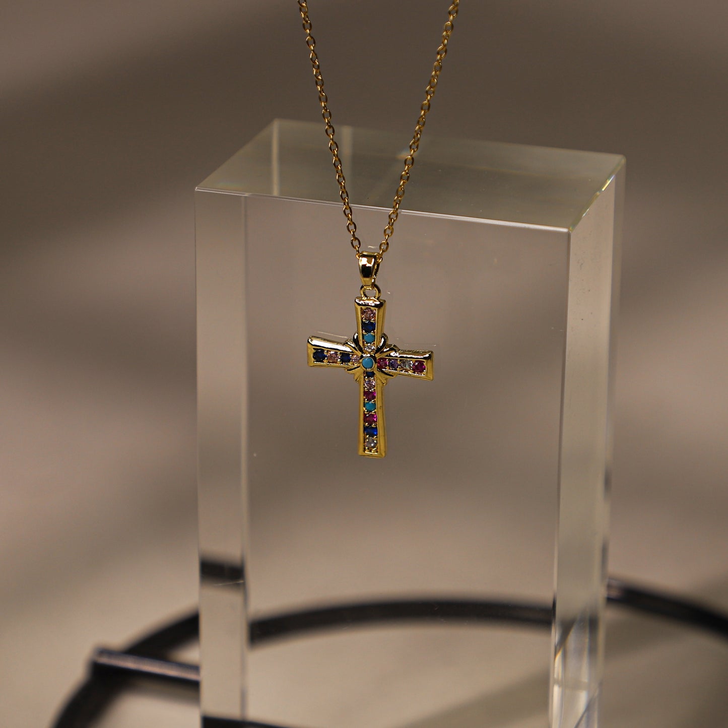 edoa Vivid Minimalist Dainty Multi-Gemstone Cross Necklace