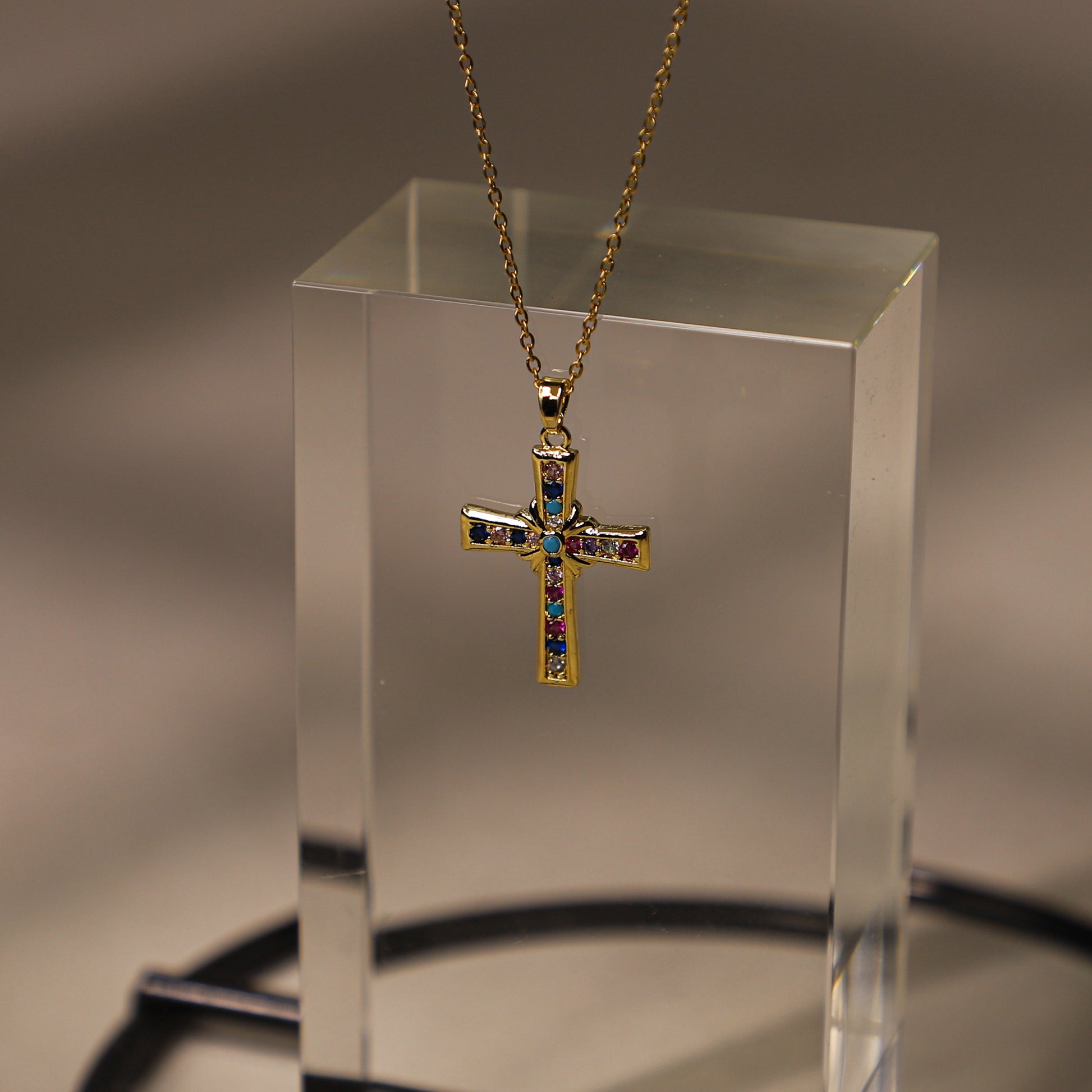 edoa Vivid Minimalist Dainty Multi-Gemstone Cross Necklace