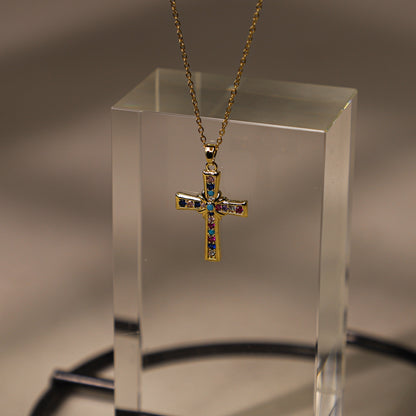 edoa Vivid Minimalist Dainty Multi-Gemstone Cross Necklace