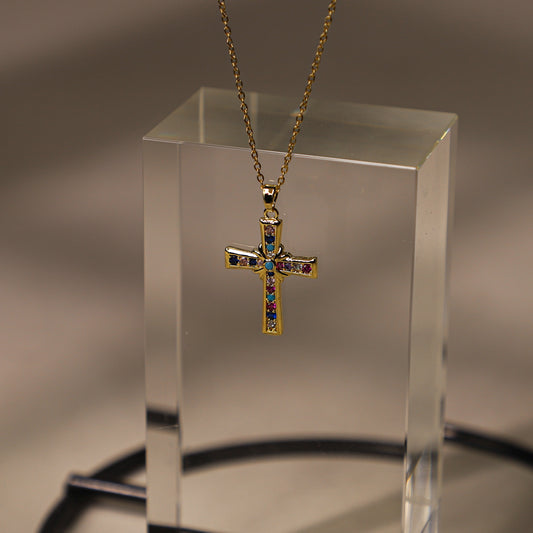 edoa Vivid Minimalist Dainty Multi-Gemstone Cross Necklace