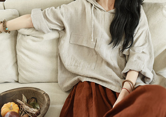 edoa Loose Washed Flax Linen Hooded Pullover 