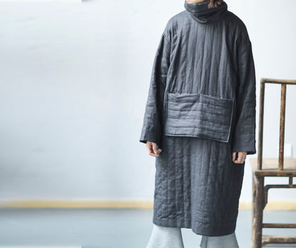 edoa Linen Turtle Neck Quilted Pull-over Coat