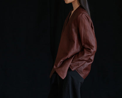 edoa Rusty Mud Silk Collarless V-neck Blazer