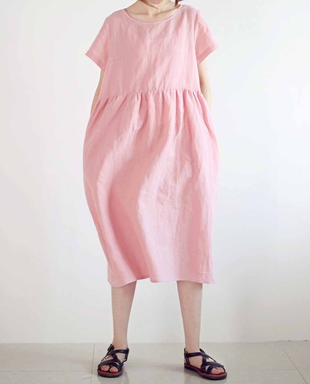 edoa Ramie Short Sleeve Loose Dress