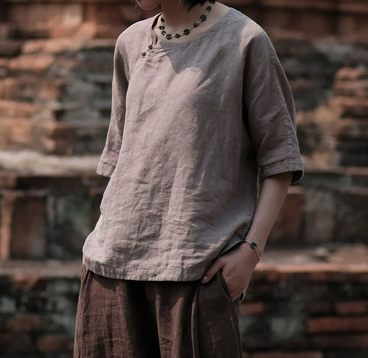 edoa Washed Linen Chinese Style Blouse