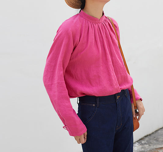 edoa Peach Washed Linen Victorian Blouse