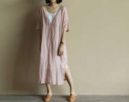 edoa Deep V Neck Smock Dress 