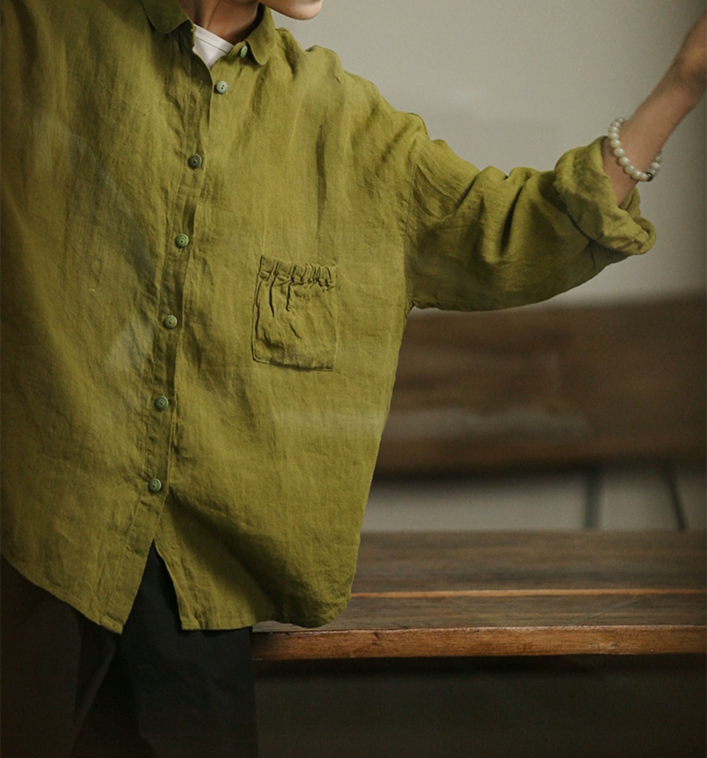 edoa Loose Linen Shirt with Gathered Pocket 