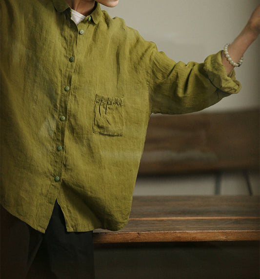 edoa Loose Linen Shirt with Gathered Pocket 