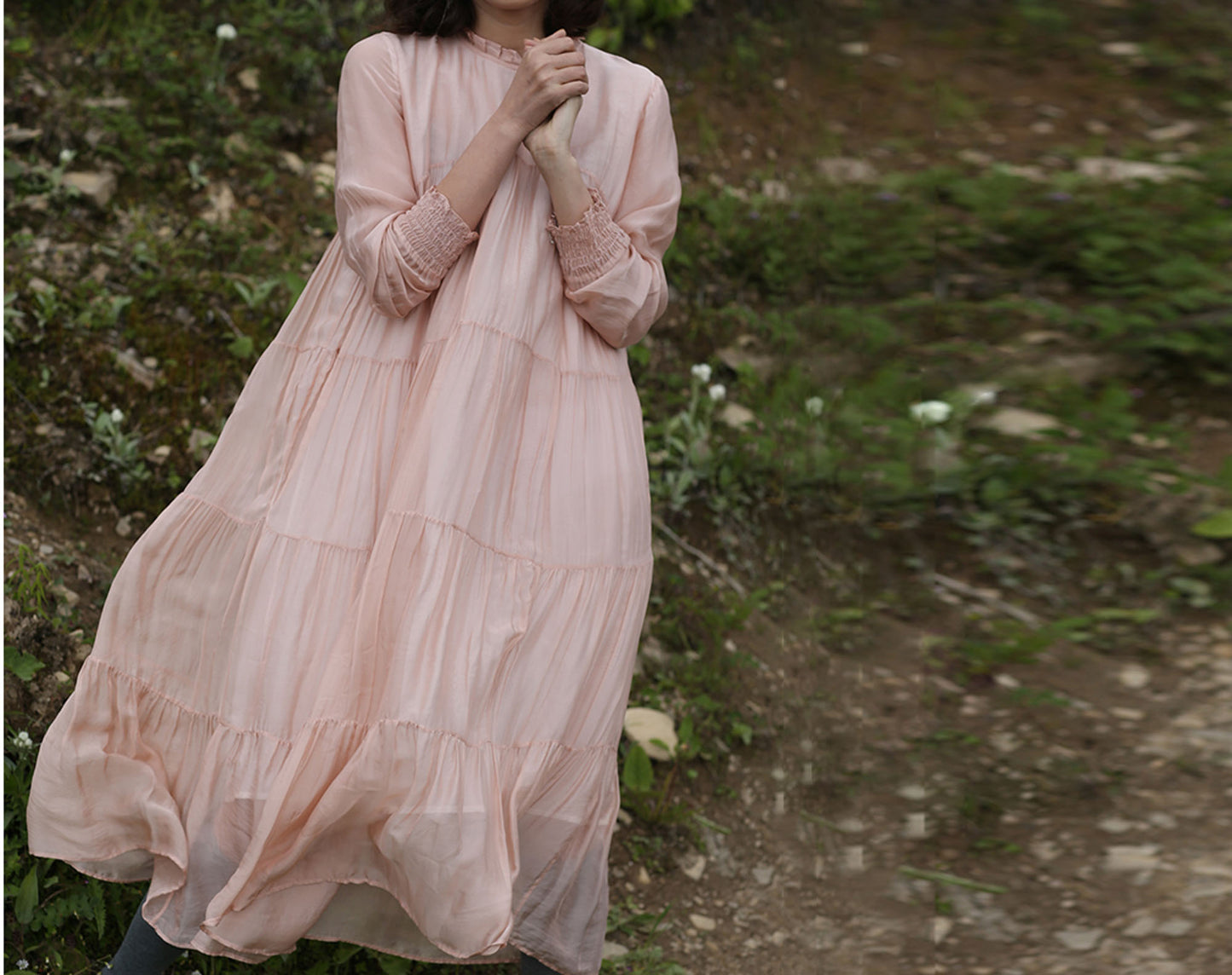 edoa Pink Silk Cotton Blend Prairie Dress