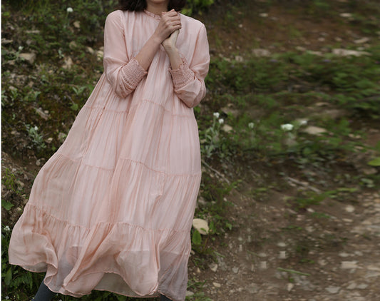 edoa Pink Silk Cotton Blend Prairie Dress