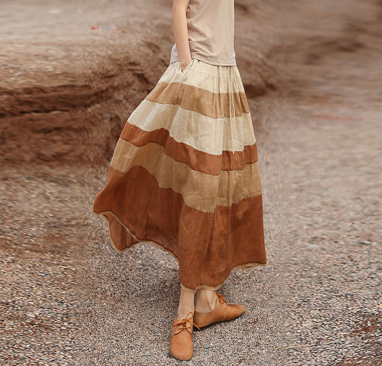 edoa Ramie Gauzy Patchwork Tiered Skirt