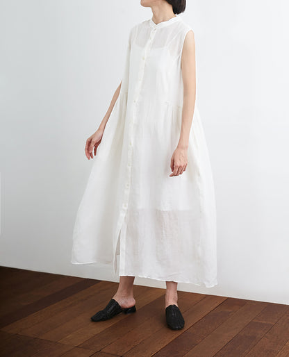 edoa Off White Sleeveless Linen Shirt Dress