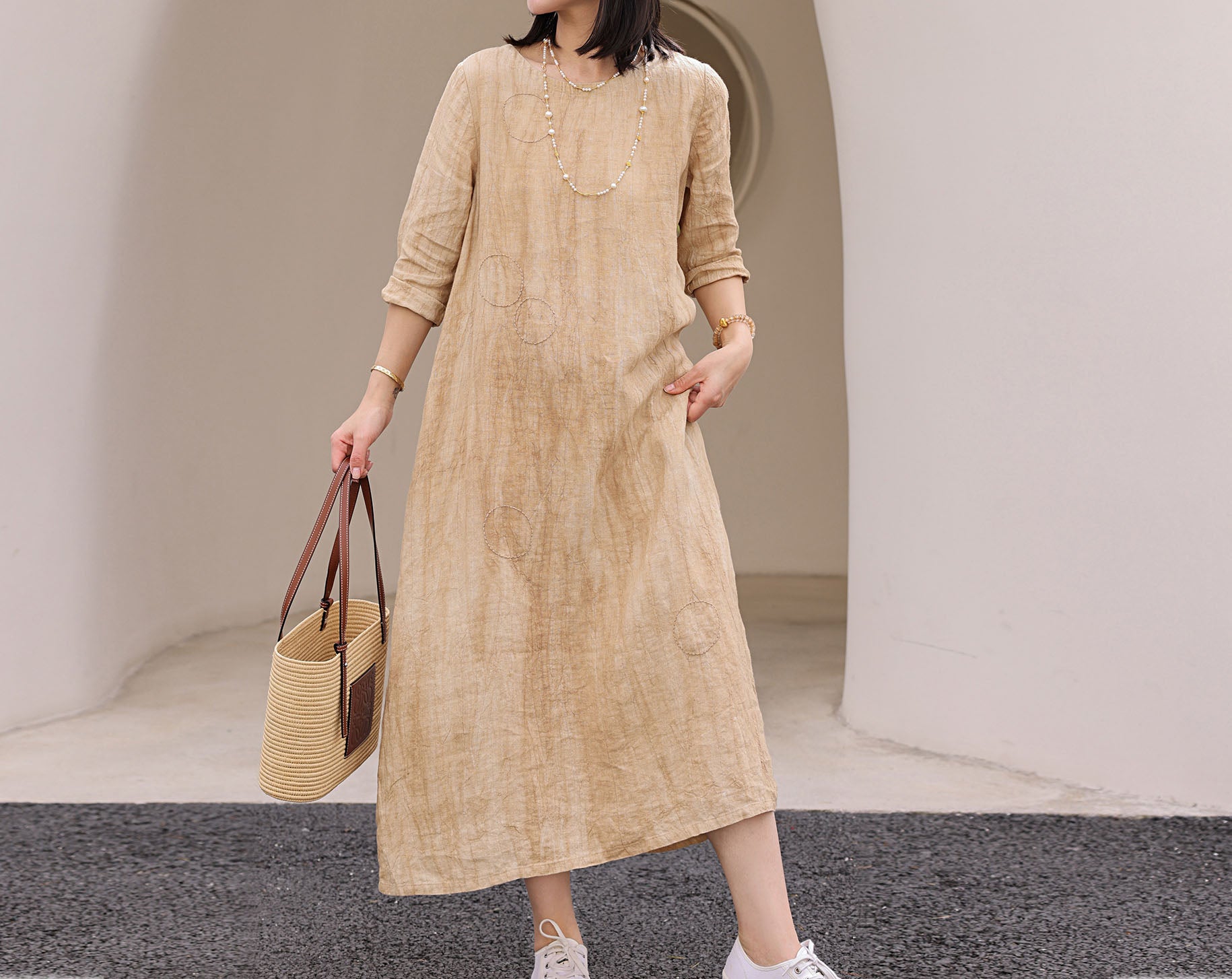 edoa Distressed Crinkled Linen A-line Dress with Hand Embroidery