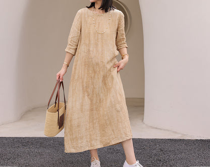 edoa Distressed Crinkled Linen A-line Dress with Hand Embroidery