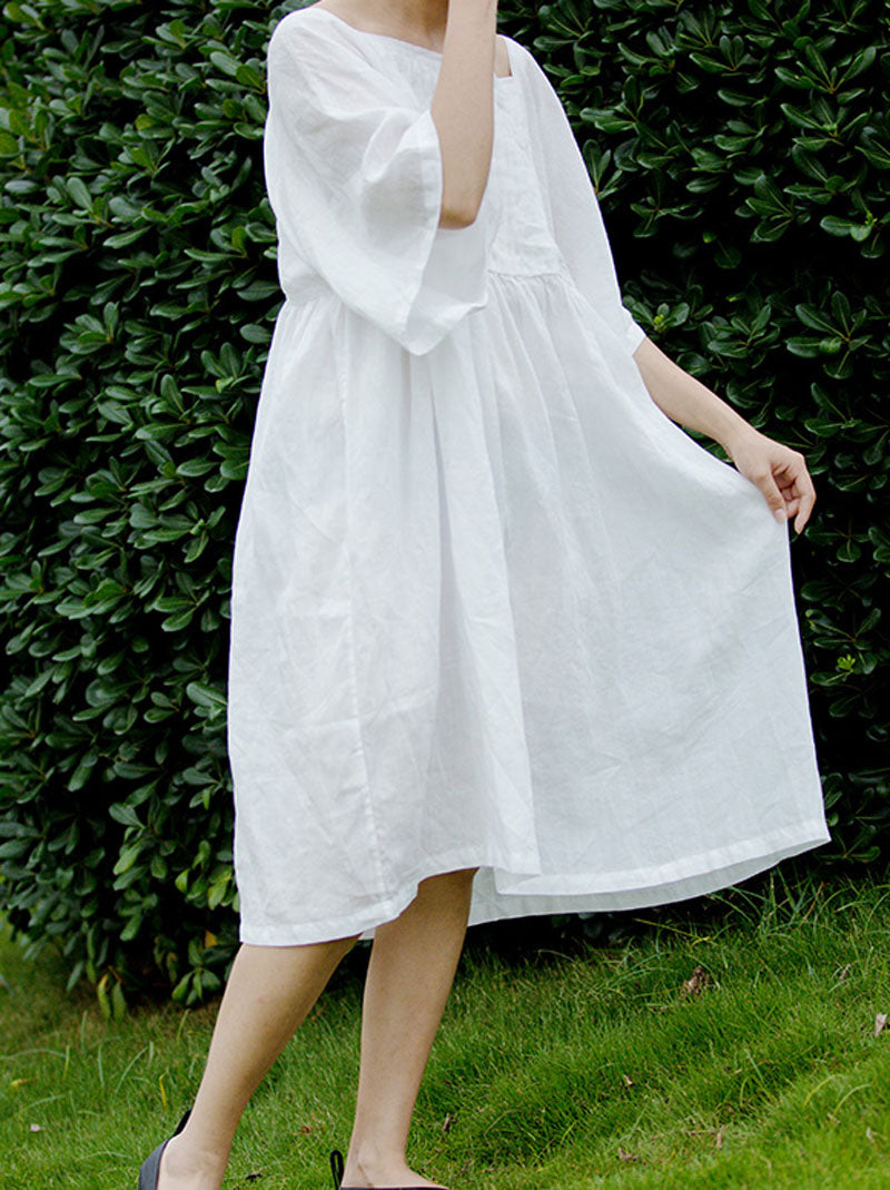 edoa White Ramie Pintucked Tunic Dress