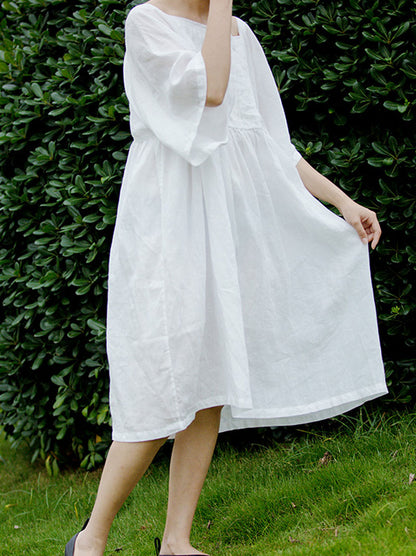 edoa White Ramie Pintucked Tunic Dress