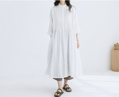 edoa High Counted Linen Pintucked Shirt Dress