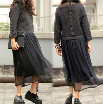 edoa Linen and Silk Chiffon Block Long Dress