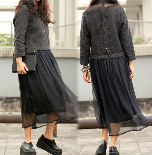 edoa Linen and Silk Chiffon Block Long Dress