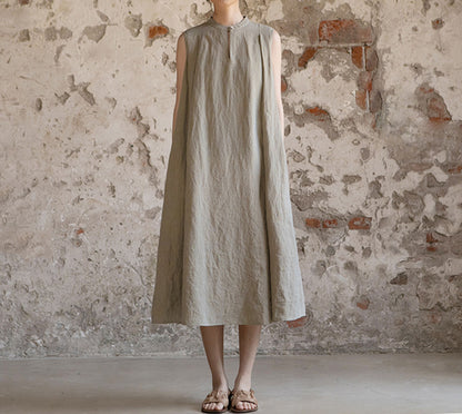 edoa Yarn Dyed Linen Sleeveless Pleated A-line Dress