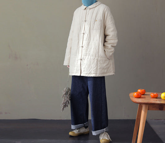 edoa Peter Pan Collar Linen Quilted Modified Chinese Coat 