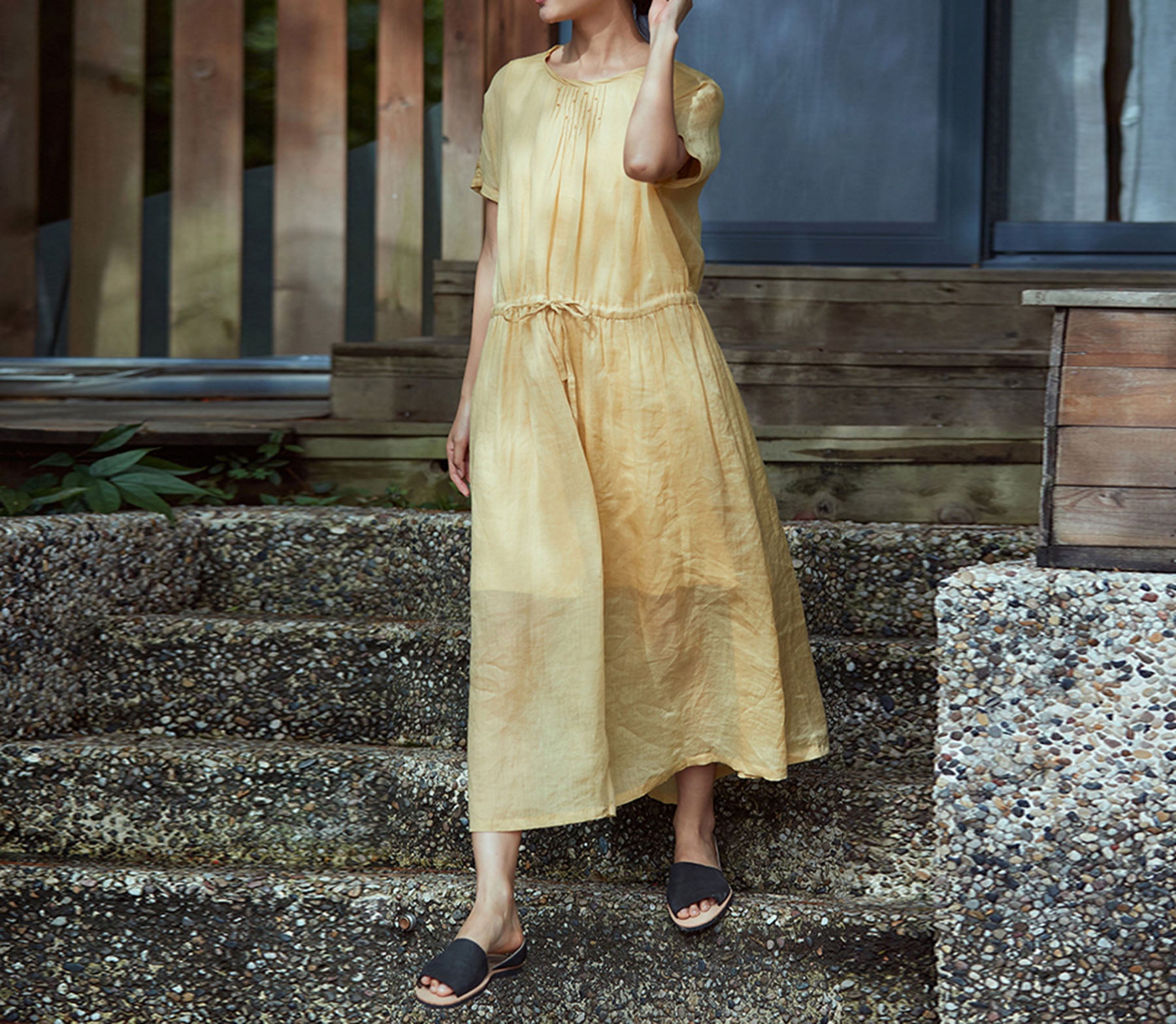 edoa French Knot Embroidery Ramie Dress 