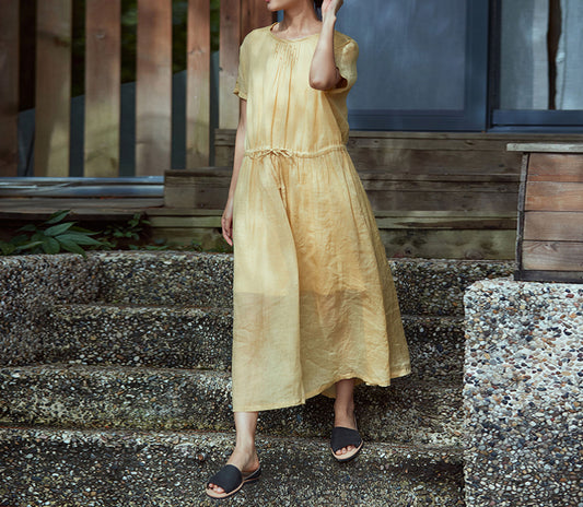edoa French Knot Embroidery Ramie Dress 