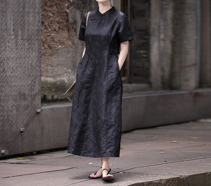 edoa Mud Silk Linen blend Jacquard Qipao