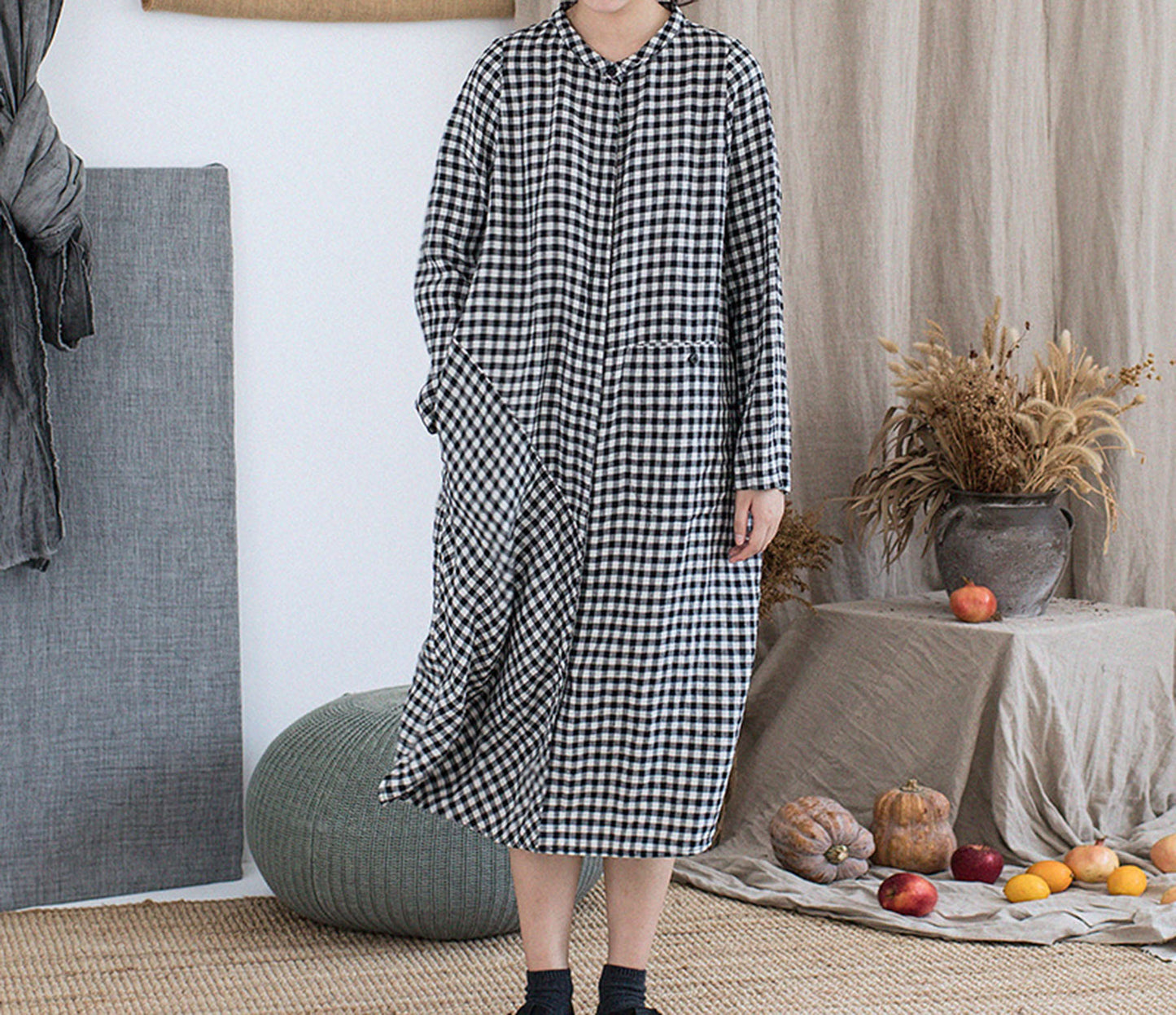 edoa Yarn Dyed Linen Gingham Check Shirt Dress