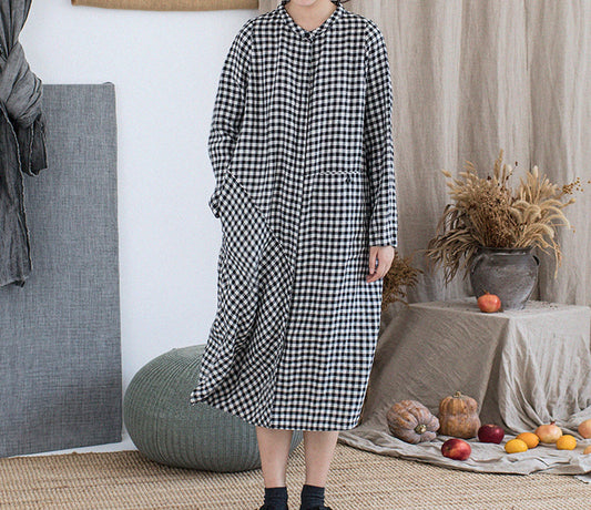 edoa Yarn Dyed Linen Gingham Check Shirt Dress