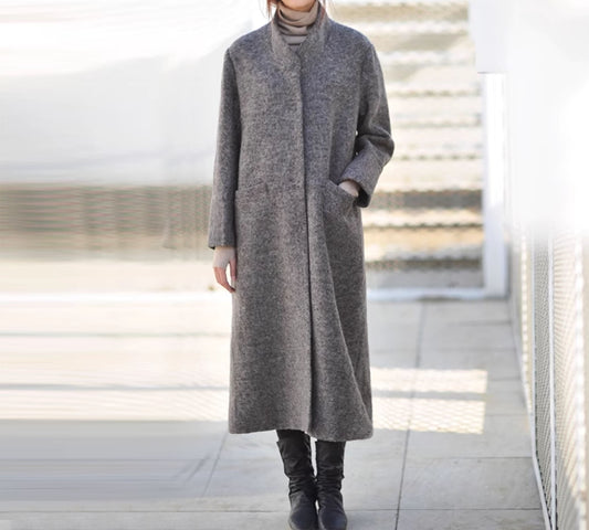 edoa Stand Collar Knit Wool Long Coat