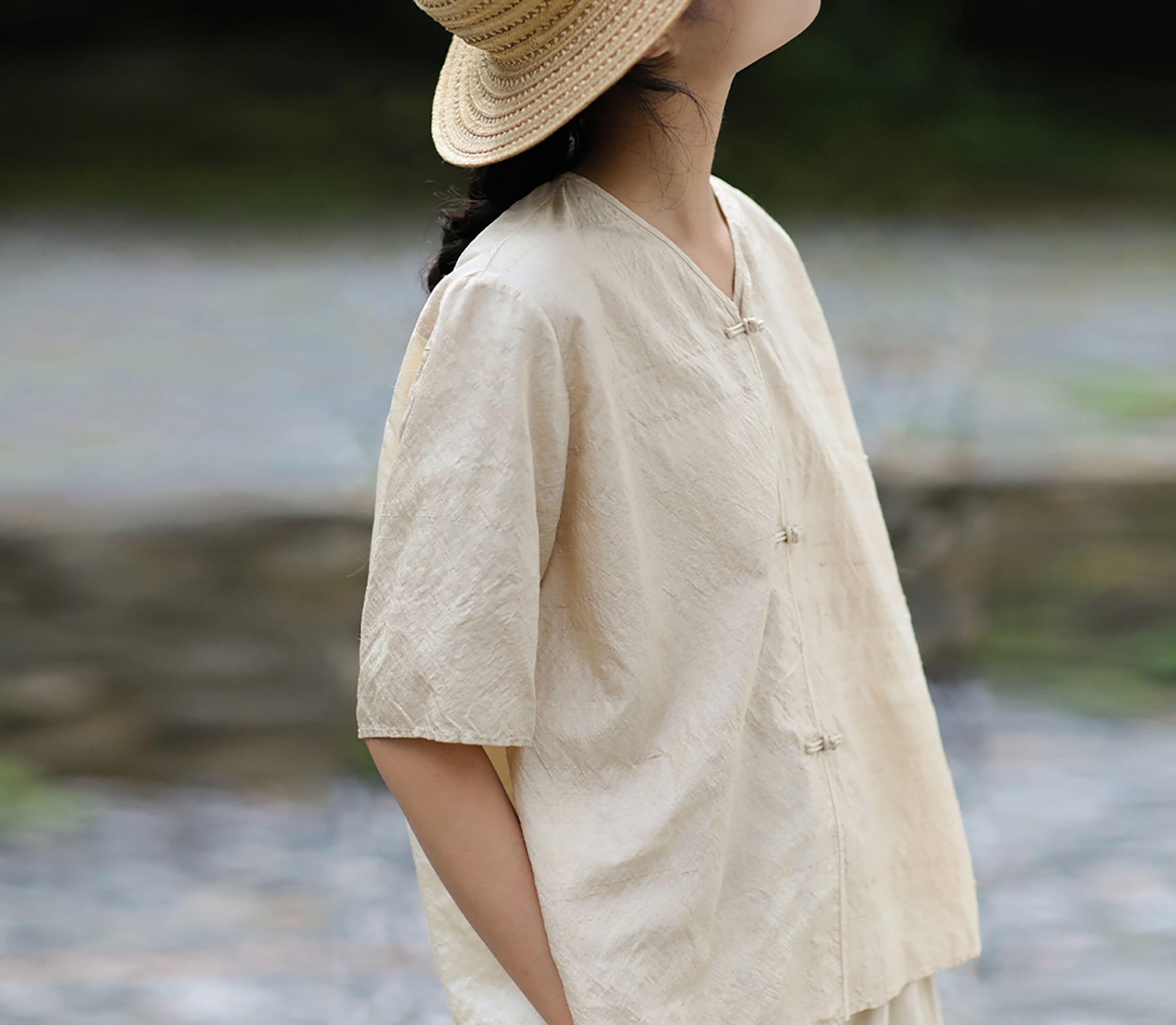 edoa Tussah Dupioni Silk V-neck Blouse