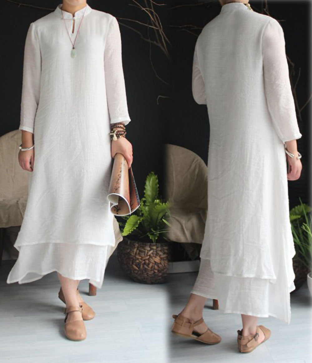 edoa Silk Linen Blend Ivory Qipao Dress