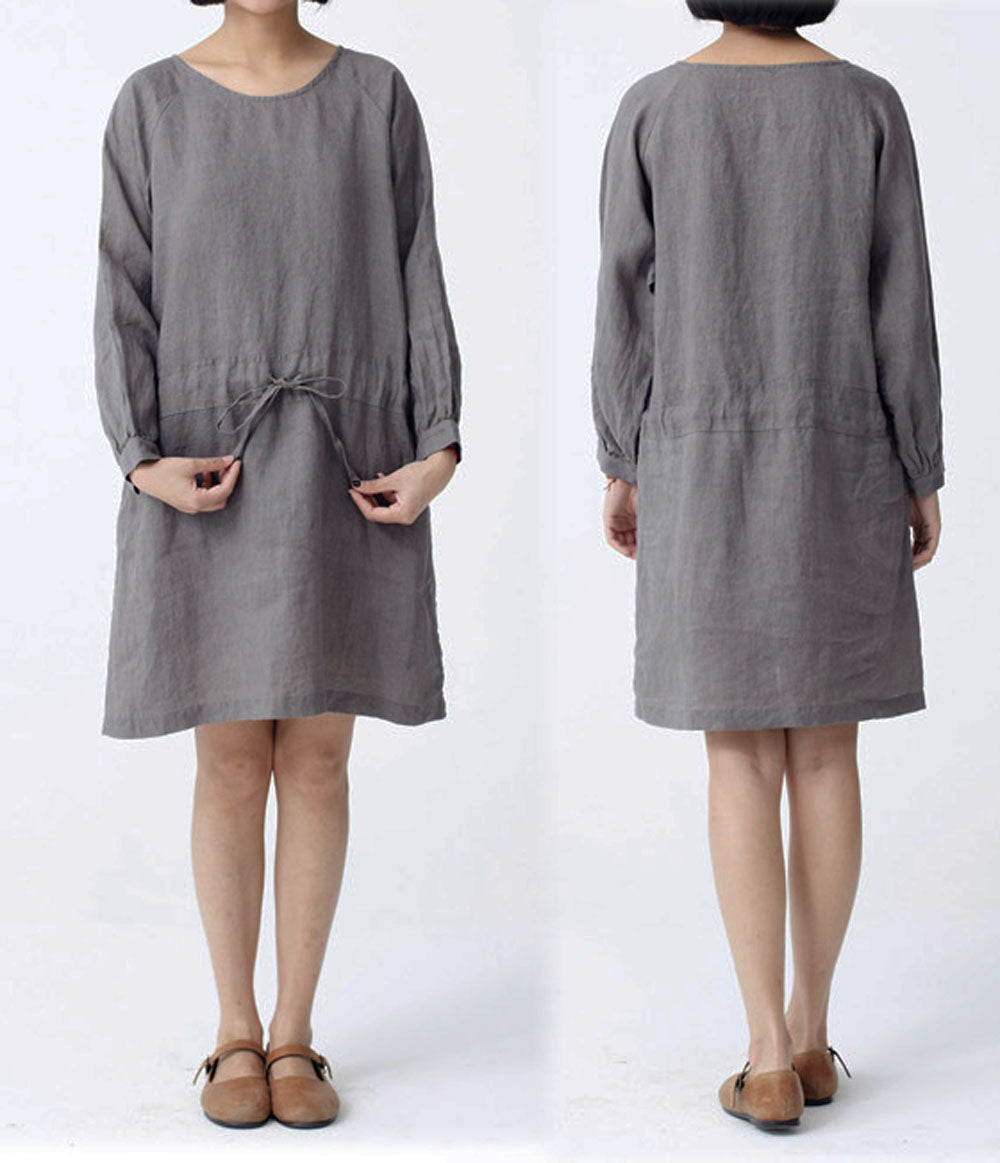 edoa Round Neck Long Sleeve Ramie Dress