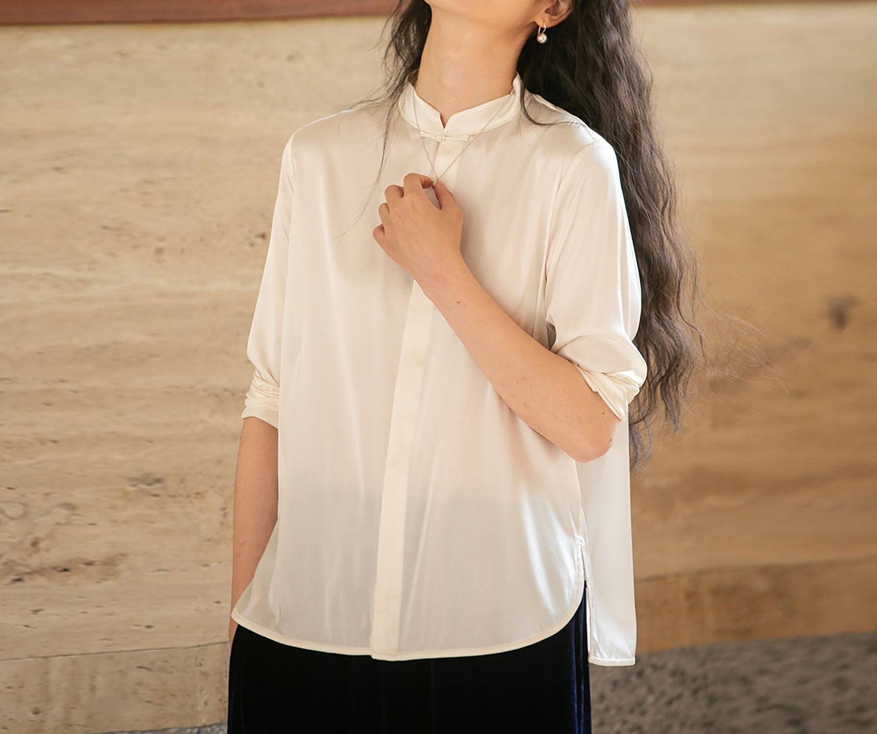 edoa Stretch Silk Satin Chinese Blouse