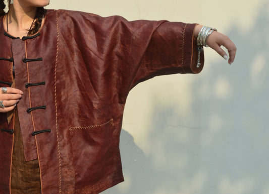edoa Loose Distressed Mud Silk Chinese Jacket