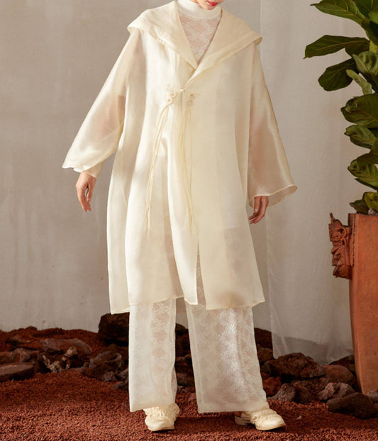 edoa Oversized Chinese Style Mulberry Silk Satin Organza Hooded Coat