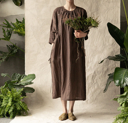 edoa Brown Ramie 3/4 Sleeves Modified Qipao