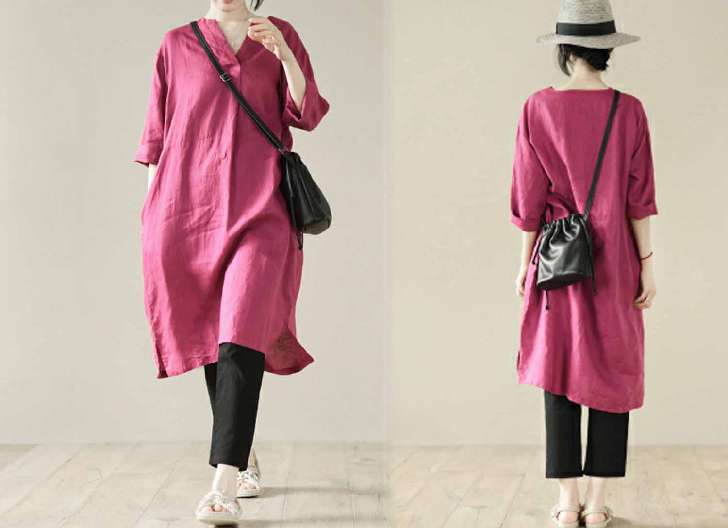 edoa V-neckline Linen Tunic Dress 