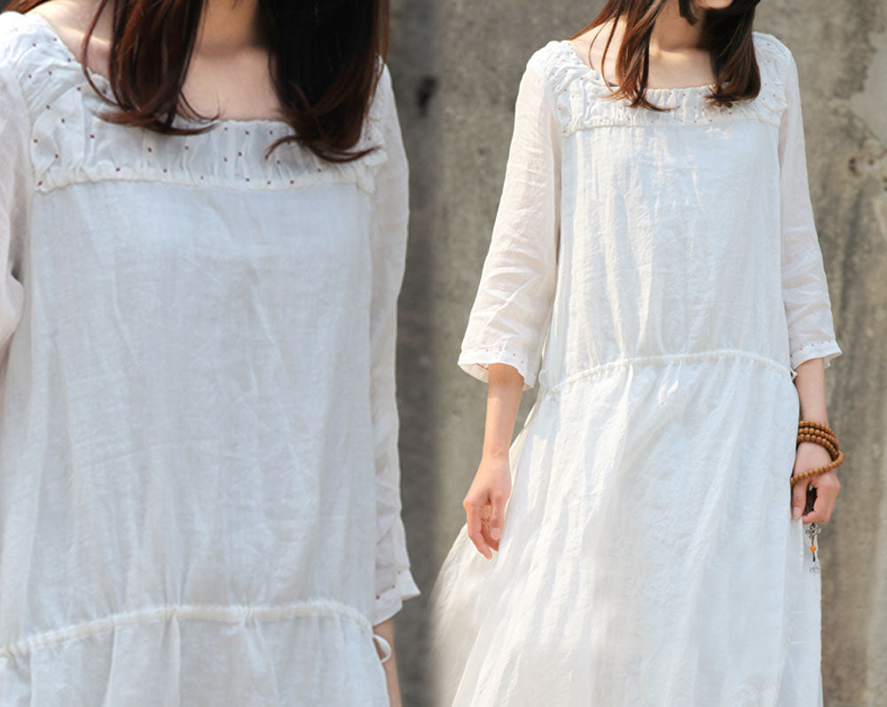 edoa Contrast Hand Stiched Detailed White Ramie Dress