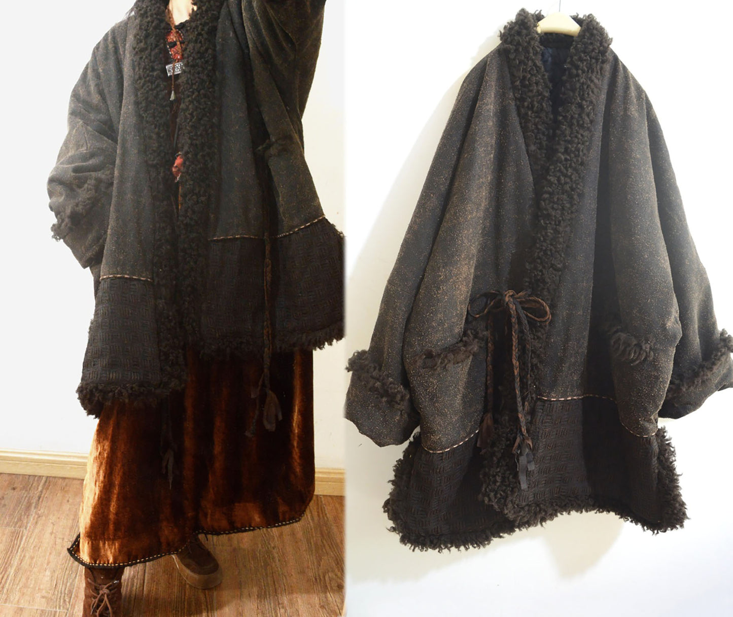 Oversized Mud Tussah Silk and Teddy Wool Bouclé Padded Coat co0179 X309