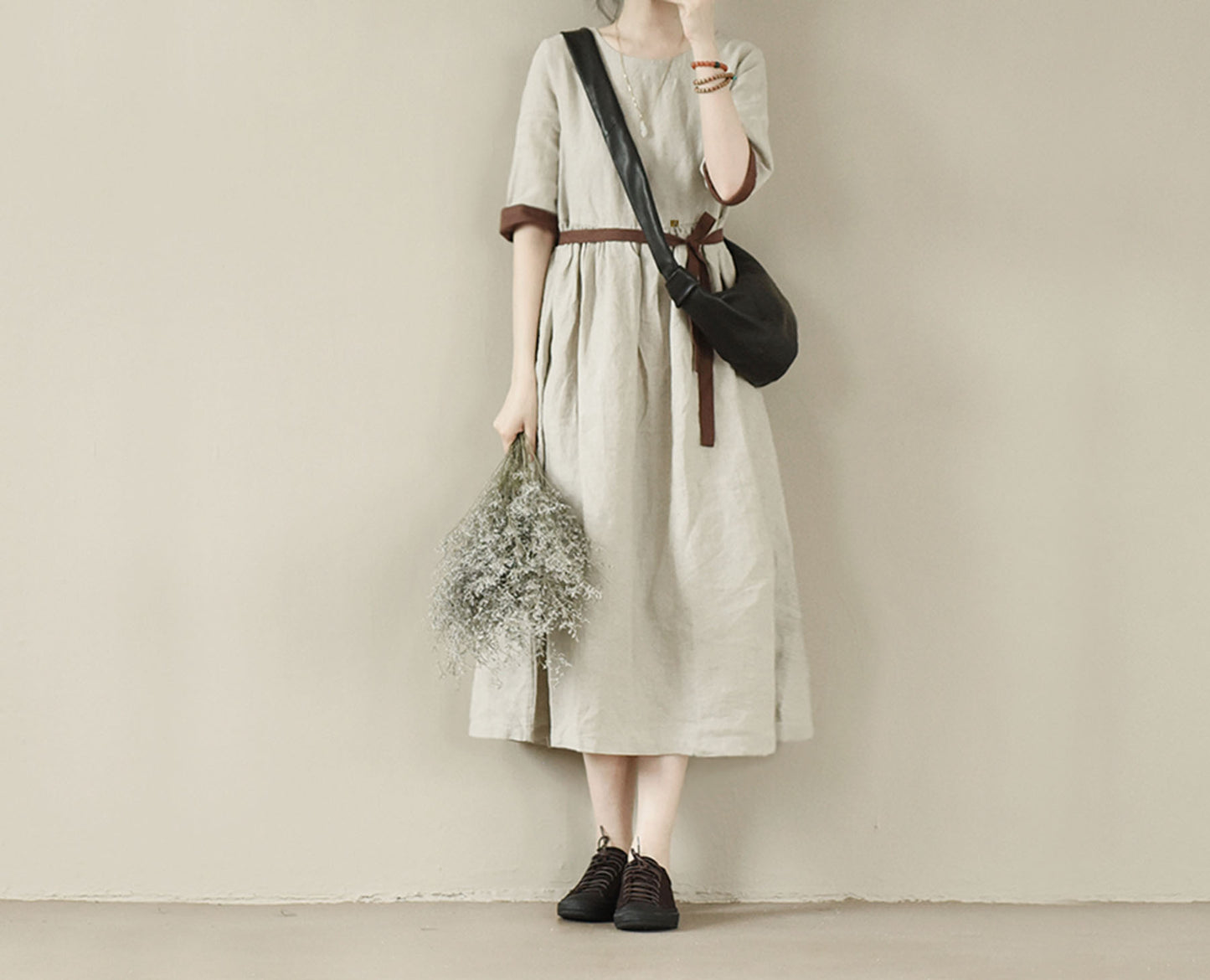 edoa Flax Linen Half Sleeve High Waist Gathering Dress