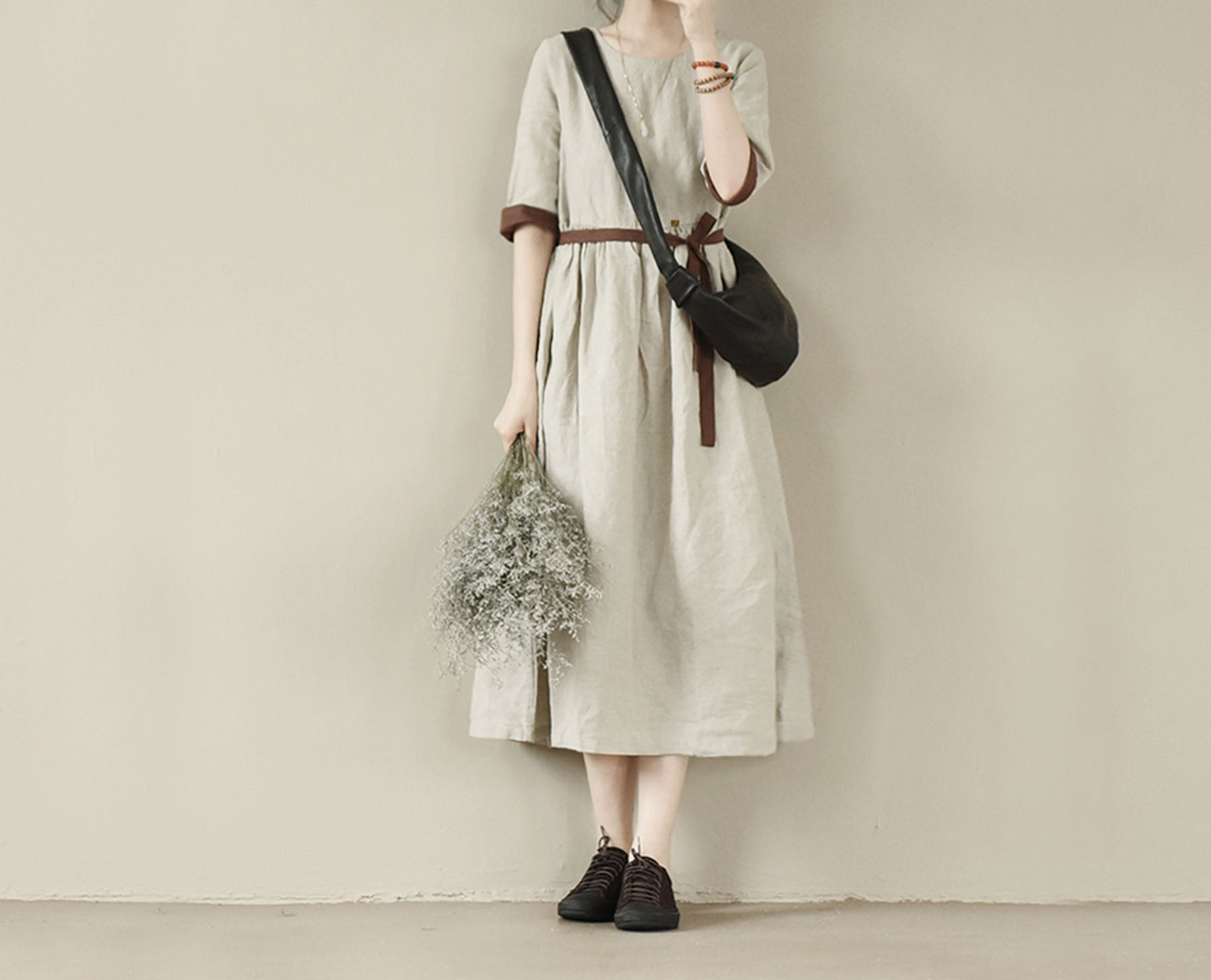 edoa Flax Linen Half Sleeve High Waist Gathering Dress